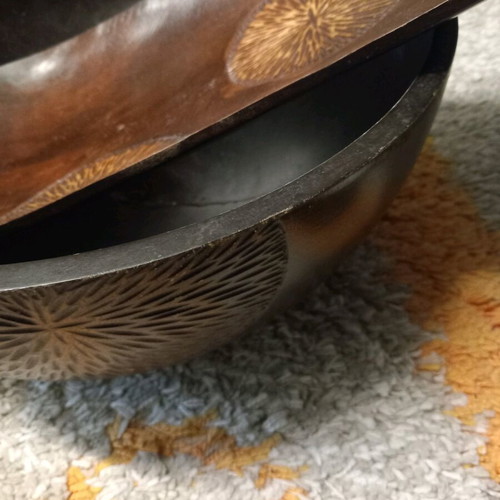 Wooden large bowl used with two ashtrays and a tray