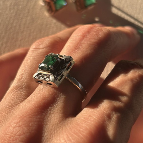 Vintage 925 Silver Ring and Earrings Set with Green Emerald Stones