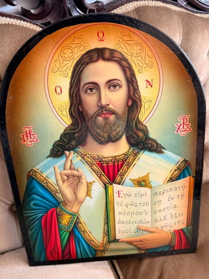 Vintage religious image used, wood chromolithograph 43x33 cm