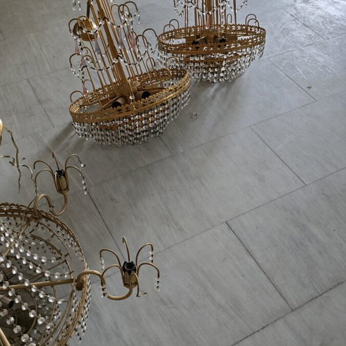 Ceiling Chandeliers used, set of 3, gold with fake crystals