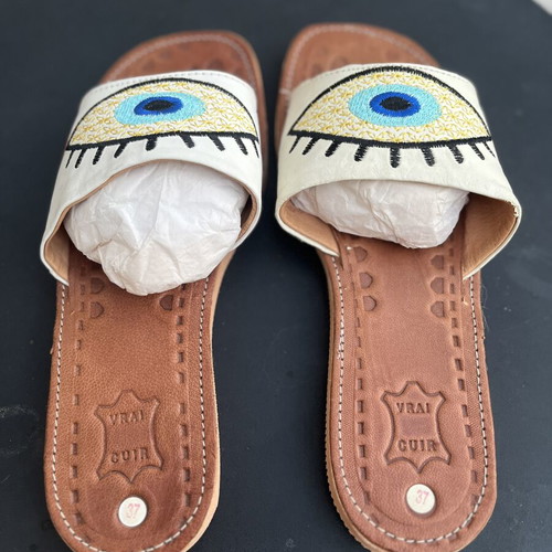 Leather sandals new with embroidered eye design size 37