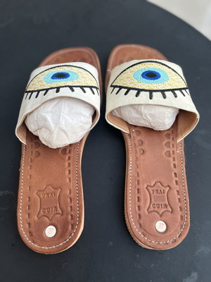 Leather sandals new with embroidered eye design size 37