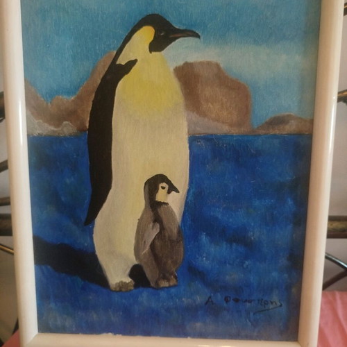 Painting with penguins like new in white wooden frame