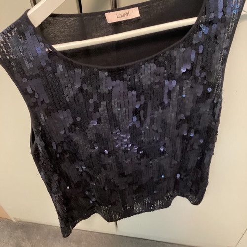Laurel top new with knitted blue back and blue sequin front