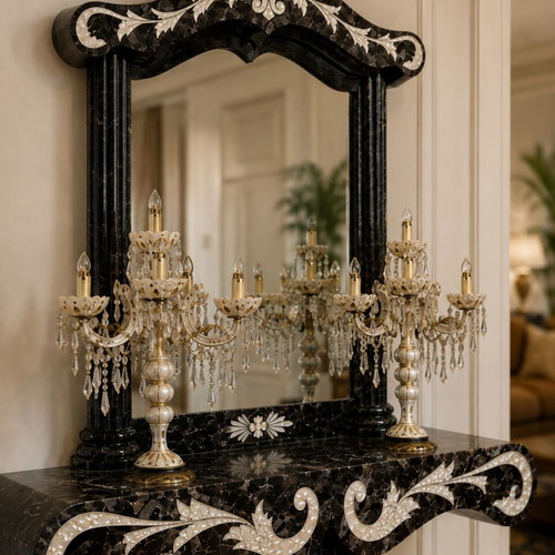 Console table with mirror and column fully covered with natural agate, like new
