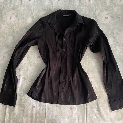 Sarah Lawrence black fitted women's shirt new with gold thread designs