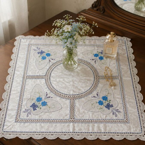 Vintage embroidered tablecloth 80x80 cm satin texture with lace and blue flowers