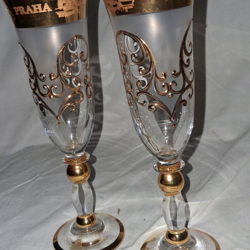 Vintage Bohemia Crystal Champagne Glasses Praha pair, like new