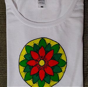 Γυναικείο Τ- Shirt Fruit of the Loom Λευκό με mandala ζωγραφισμένο στο χέρι