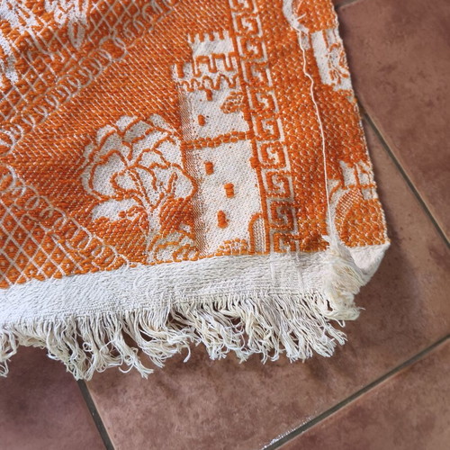 Traditional vintage woven textile with White Tower and Double-headed Eagle, orange and white