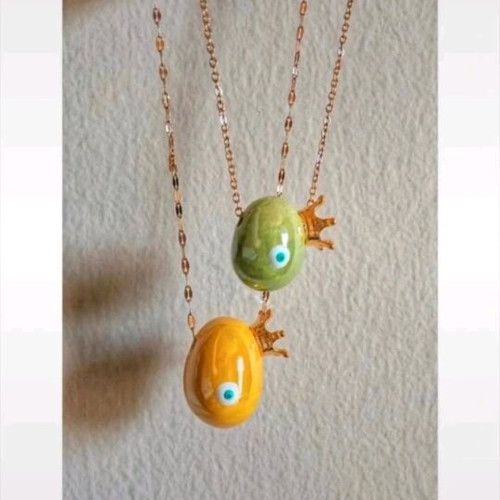 Ceramic pebble necklaces egg-shaped new, green and yellow