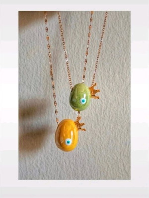 Ceramic pebble necklaces egg-shaped new, green and yellow
