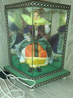 Vintage traditional doll in glass display lamp used
