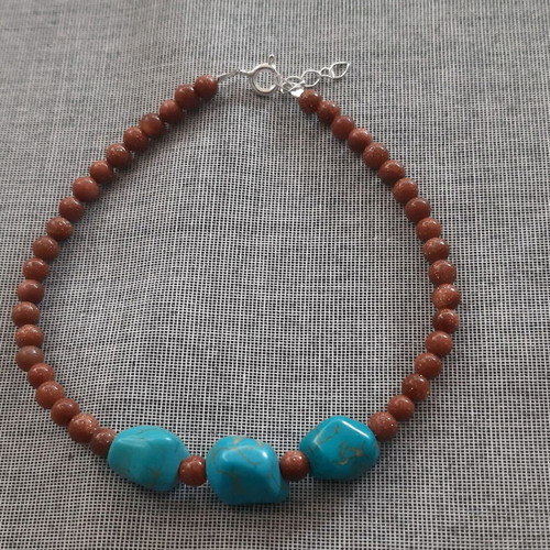 Psyche jewelry set necklace and bracelet with goldstone turquoise silver 925 new handmade