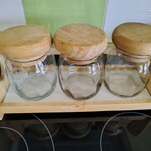 Set of 3 glass containers with wooden lid and base like new