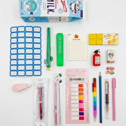School stationery set with panda milk carton pencil case