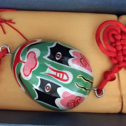 Chinese Opera Mask new, hand-painted wood decoration with red knot