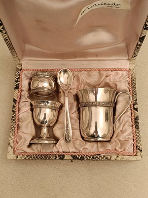 Vintage silver-plated egg set with snake leather imitation case like new