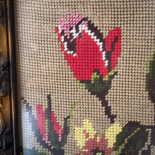 Vintage embroidery on canvas with floral vase, used