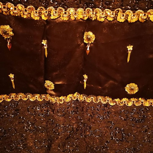 Evening dress used with crystals and gold trims brown XL