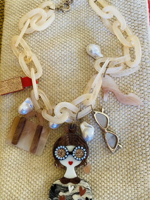 Acrylic Statement Necklace New Beige with Charms Inspired by Iris Apfel