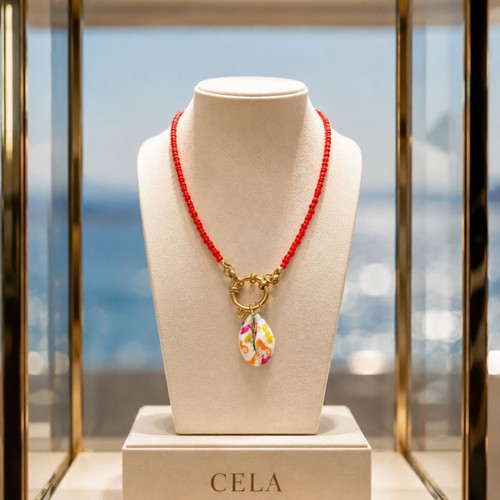 Handmade Necklace with Czech beads, stainless steel nautical steering wheel clasp, hand-painted shell