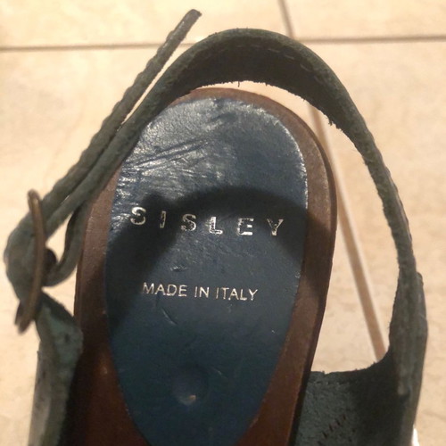 Sisley blue-green sandals with 10cm wooden heel like new