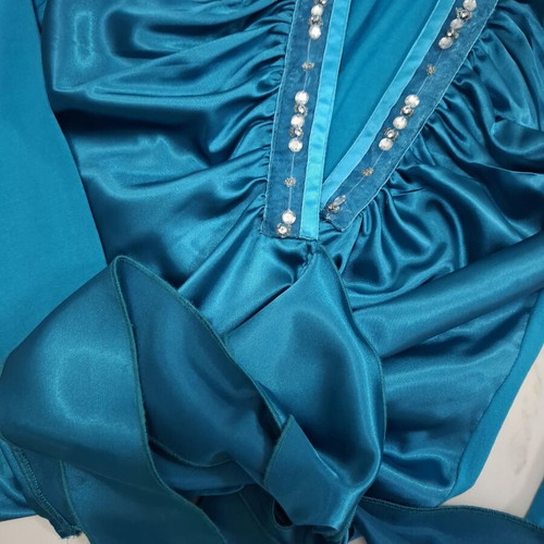 Angelo Psarros Satin Top with Rhinestones Petrol Blue Size 3 like new