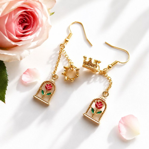 Handmade Enchanted Rose Earrings with Gold Crowns, New