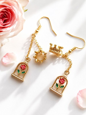 Handmade Enchanted Rose Earrings with Gold Crowns, New