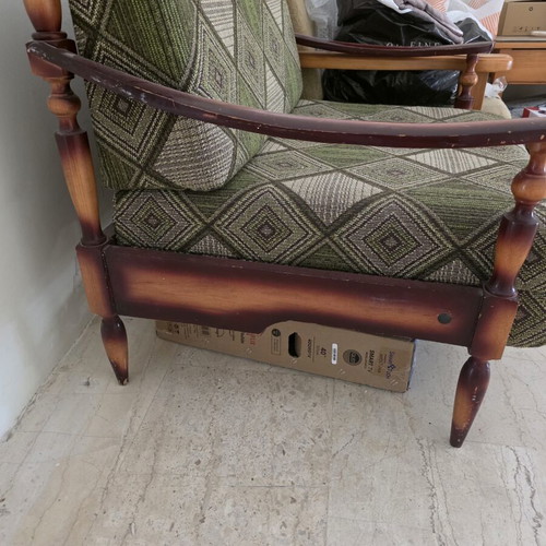 Vintage wooden armchair bed like new with green checkered pattern