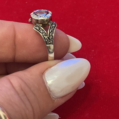Silver gold ring with old cut diamonds used, size 56
