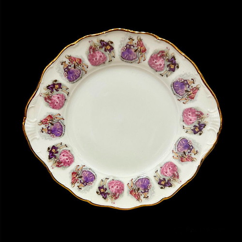 Vintage Bavarian porcelain platter in baroque style with 24K gold and romantic design