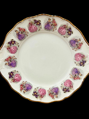 Vintage Bavarian porcelain platter in baroque style with 24K gold and romantic design