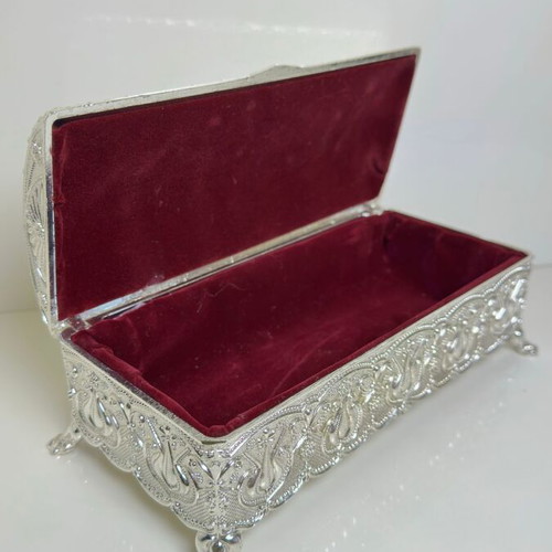 Metallic Ornate Jewelry Box with Oriental Embossed Design and Velvet Lining