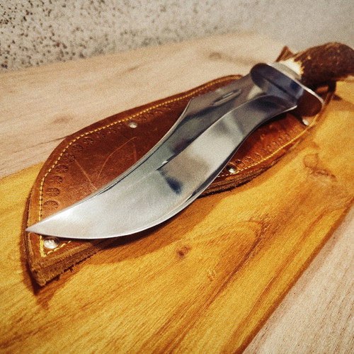 Massive hunting knife new from collection with elk horn handle and calf leather sheath