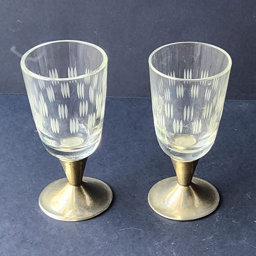 Vintage liqueur glass set of 4 with metal base and engraving used