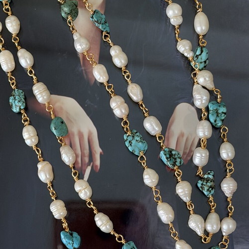 Handmade necklace with pearls, turquoise, and copper like new