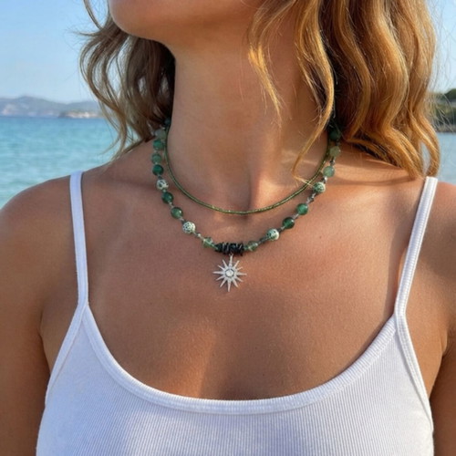 Handmade double necklace with natural stones and sun pendant, new