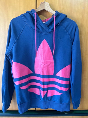 Adidas sweatshirt used blue with fuchsia logo and hood size S