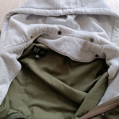 Zara quilted outerwear used, khaki mid-length coat with detachable hood