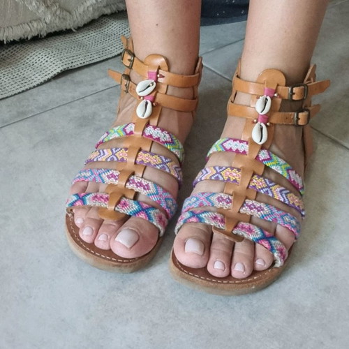 Boho leather sandals size 41 used with macrame and shells