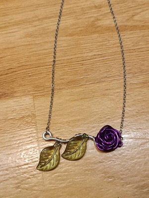 Necklace purple rose with leaves on steel chain made to order