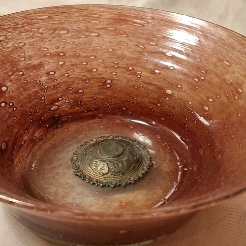 Blown glass bowl light purple color handmade like new with bronze