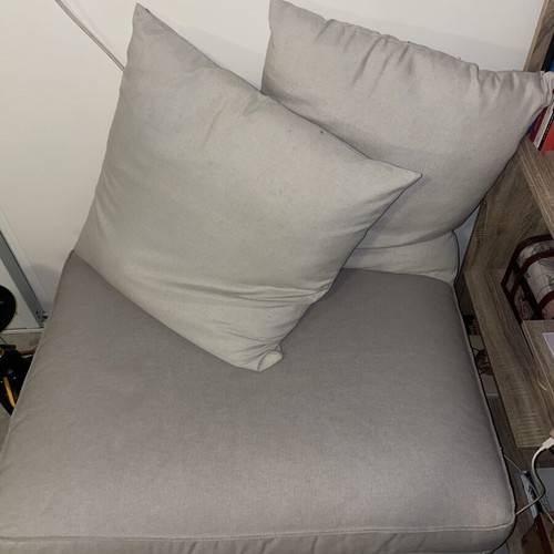 Grey two-seater sofa and armchair with storage