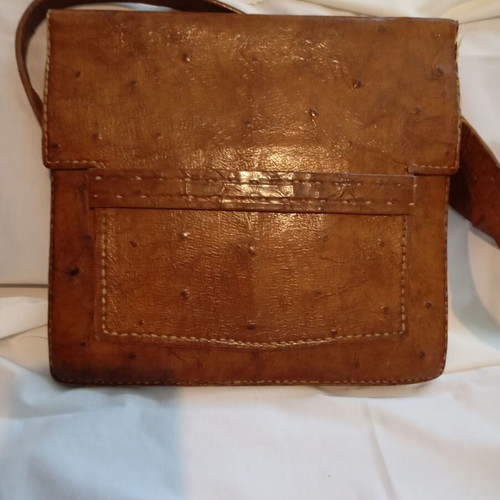 Vintage Ostrich Leather Shoulder Bag, Genuine Embossed Skin, Brown