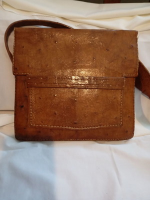 Vintage Ostrich Leather Shoulder Bag, Genuine Embossed Skin, Brown