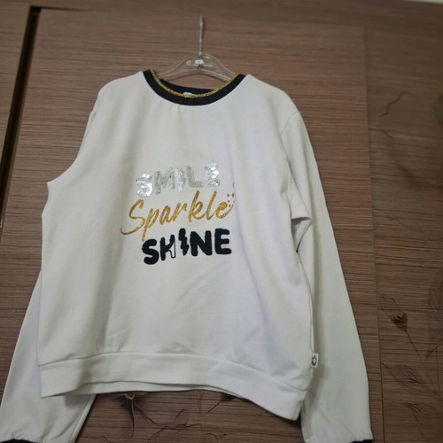 Le Trone Noir girls' white sweatshirt with sequins, blue and gold trim, like new