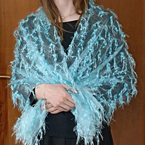 Blue scarf with fringes like new, lightweight and semi-transparent