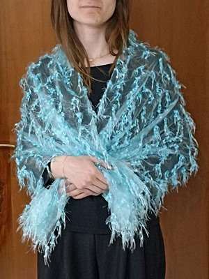 Blue scarf with fringes like new, lightweight and semi-transparent